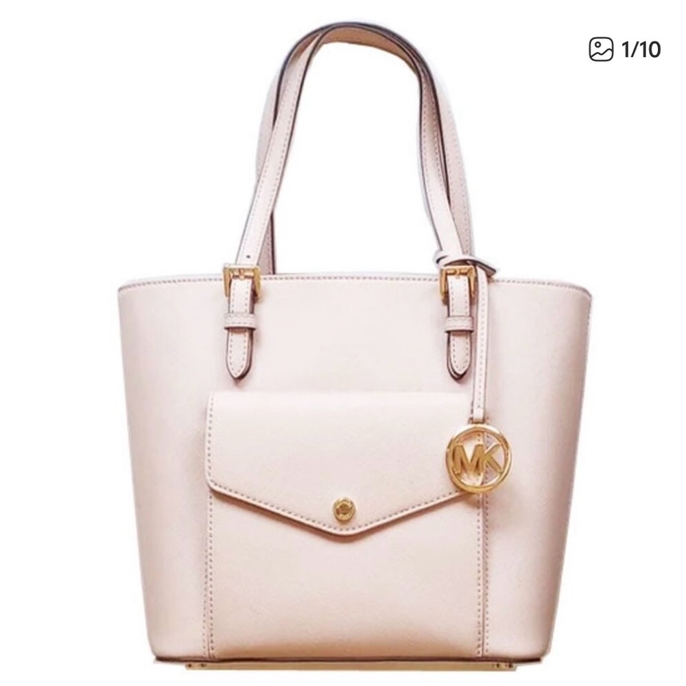 Gold Hardware MMK Jet Set Saffiano Frame Leather Bag Medium Tote Front Pocket
